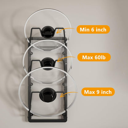 FEZHI pot lid organizer Rack, 3-tier adjustable and removable Pot Lids Holder for Kitchen Cabinet Door/Wall, No Drilling Adhesive Wall/Door Mounted Rustproof pots and pans organizer under cabinet.