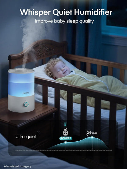 FOHERE Humidifier for Bedroom Baby, 3.2L Top Fill Cool Mist Humidifiers for Nursery, Home, 28H Ultra Quiet Runtime, Auto Shut-Off, Soft 7-Color Night Light, BPA-Free, Essential Oil Tray, White