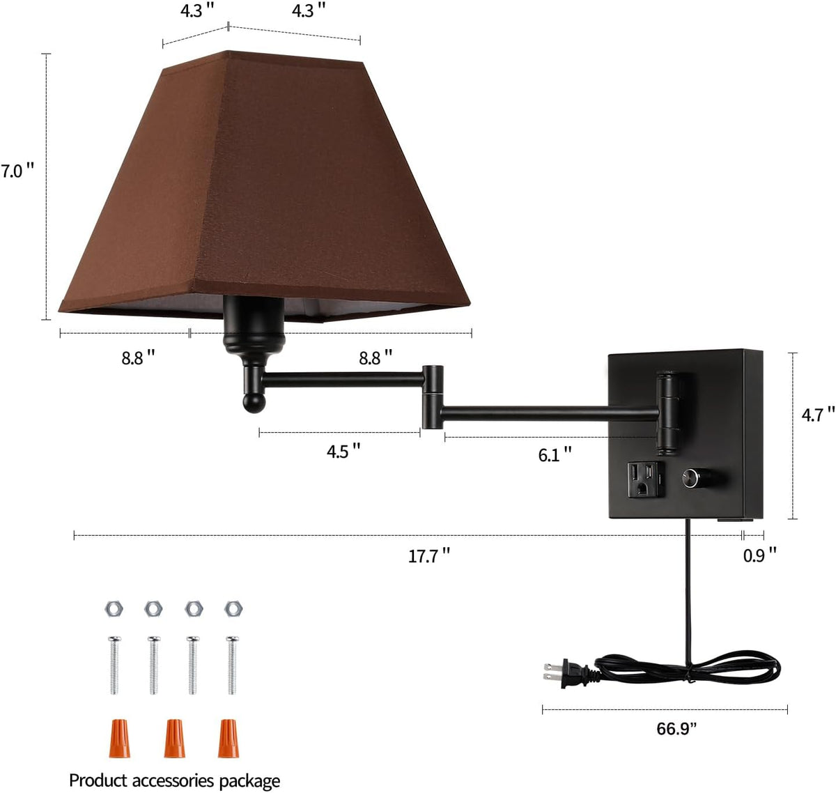 Wall Mounted Lamp Plug in Wall Sconce with Dimmable Switch Swing Arm Wall Lamp Whire Fabric Shade with USB Port Gold Wall Sconce Suitable for Hallway Bedroom Living Room…