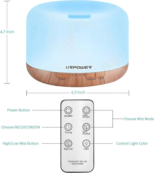 URPOWER 500mL Essential Oil Diffuser Humidifier for Home & Large Rooms