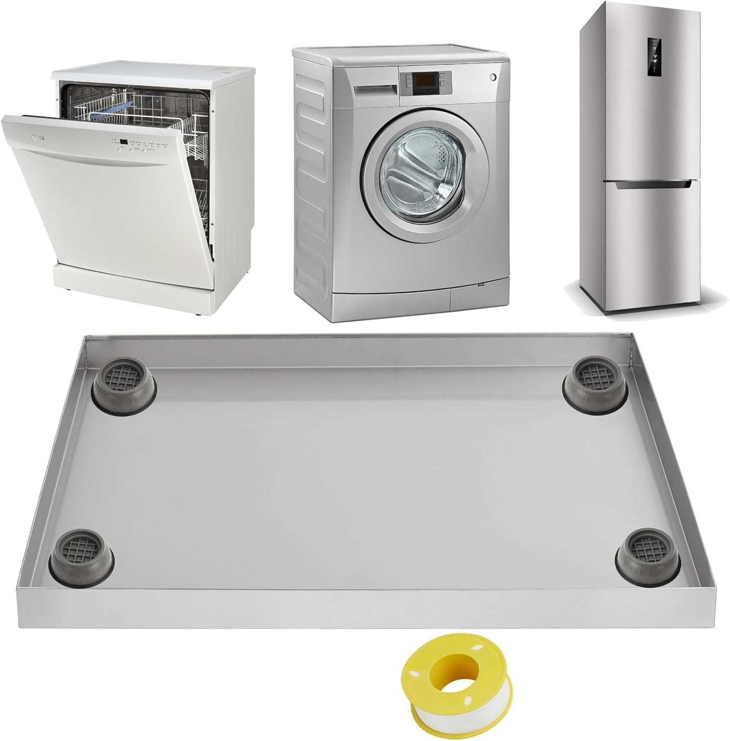 GarveeTech 28 in x 30 in Washing Machine Pan for Washer Dryer and Small Appliances, Large Size Washing Machine Tray with 4 Pcs Anti-Vibration Feet, 304 Stainless Steel, No Hole Desgin