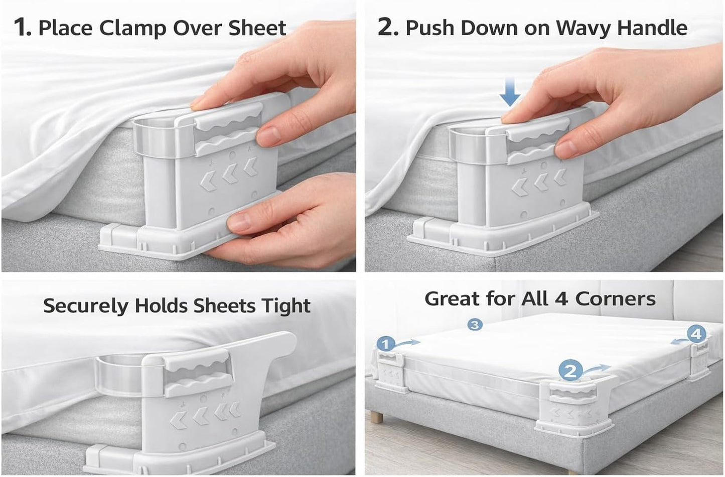 4PCS Adjustable Bed Sheet Straps - Heavy Duty Mattress Sheet Holders with Strong Clips, Non-Slip Elastic Sheet Grippers for All Bed Sizes
