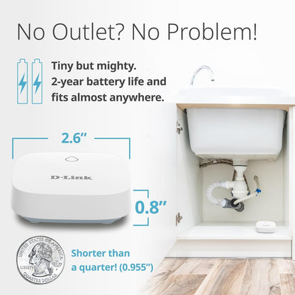 D-Link Next-Gen WiFi Water Leak Detector Starter Kit with 2 sensors—Loud 100 dB Sound Alarm—App Alert—LED Strobe Light—No Hub Required—Works with Google—1000ft Ultra-Long Range—Expandable (SW-A11KT)