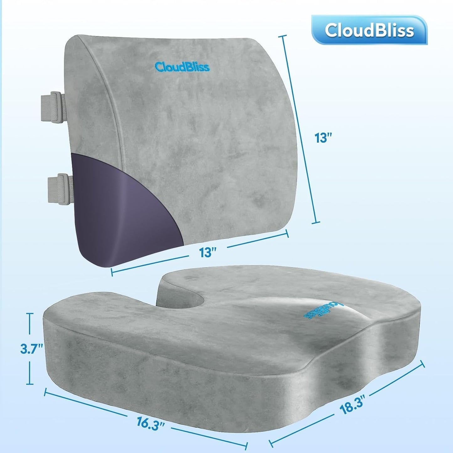 CloudBliss Lumbar Support Pillow & Seat Cushion Set for Office Chair, Desk Chair, Wheelchair & Car – Memory Foam Back Support, Ergonomic Chair Cushions, Sciatica Pain Relief, Home Essentials, Black