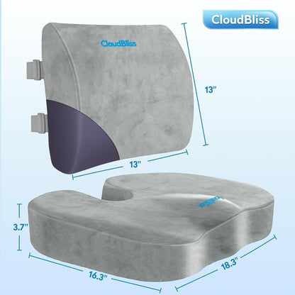 CloudBliss Lumbar Support Pillow & Seat Cushion Set for Office Chair, Desk Chair, Wheelchair & Car – Memory Foam Back Support, Ergonomic Chair Cushions, Sciatica Pain Relief, Home Essentials, Black