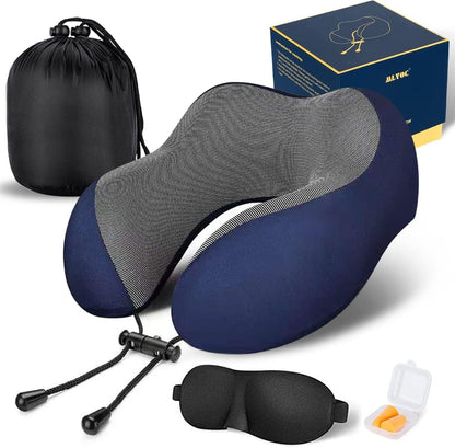 MLVOC Airplane Travel Neck Pillow for Sleeping, 3D-Eye Mask & Earplugs Kit | Curved Neck & Chin Support, Rope Lock Fit, Memory Foam Keeps It’s Shape, 3-in-1 Ki Includes: Eye Mask + Earplugs