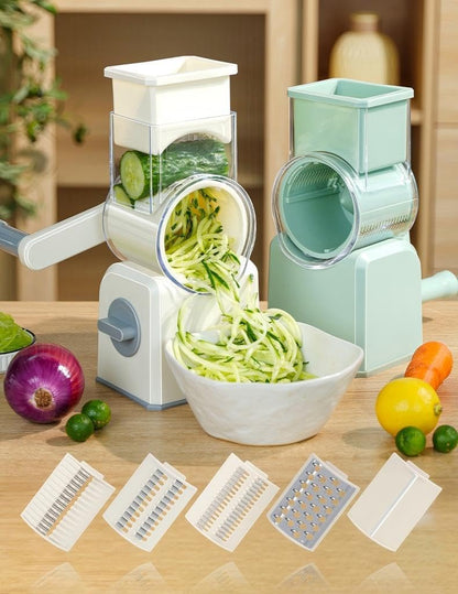 Rotary Cheese Grater with Hand Crank, Multi-Purpose Shredder Slicer with 3 Interchangeable Stainless Steel Blades for Shredding, Slicing, and Grating Cheese, Vegetables, and Fruit (Green)