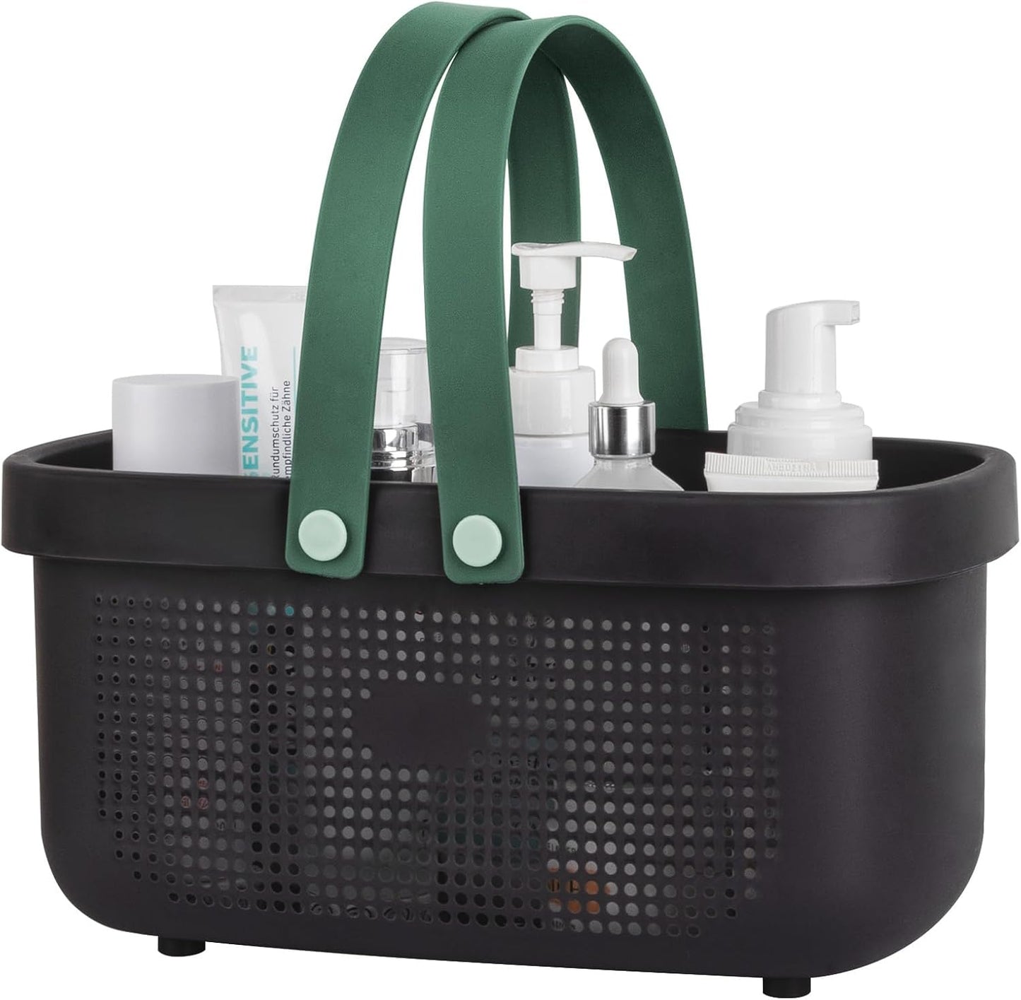 JiatuA Plastic Storage Basket with Handle Portable Shower Caddy Tote Organizer Basket Bin for Bathroom Kitchen Dorm Room Bedroom, Green | Sturdy Drainage Large Capacity Organizer Basket with Silicone Handles for Bathroom Kitchen Bedroom College Dorm