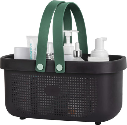 JiatuA Plastic Storage Basket with Handle Portable Shower Caddy Tote Organizer Basket Bin for Bathroom Kitchen Dorm Room Bedroom, Green | Sturdy Drainage Large Capacity Organizer Basket with Silicone Handles for Bathroom Kitchen Bedroom College Dorm