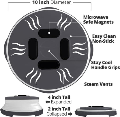 HOVER COVER Magnetic Microwave Splatter Cover - 10" Collapsible - Graphite | BPA-Free Lid, Vented Plate Guard with Steam Vents, Anti-Splash Microwave Lid, Dishwasher Safe, Space-Saving Magnetic Storage