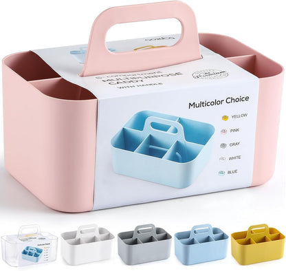 Multiuse Caddy Organizer with Handle, Portable Divided Plastic Tote Bin - Art Craft, Stationary Pen Marker Crayons, Makeup Hair Supplies Storage - Bathroom, Classroom, Dorm, Office, Desk Holder - Grey