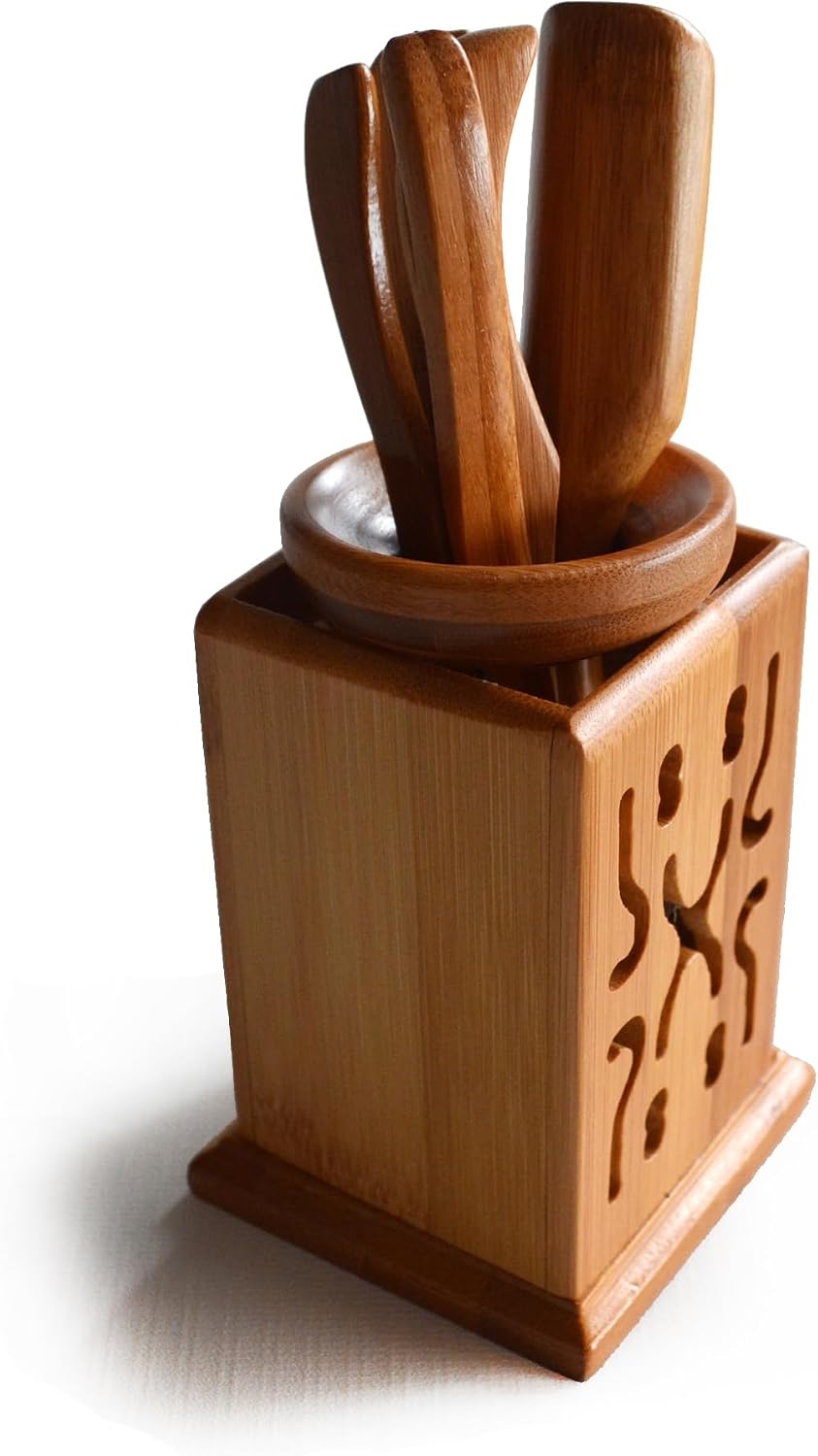 Chadao Tea Ceremony Set, 6-Piece GongFu Tea Bamboo Tools Spoon, Tin Needle Funnel (Square canister)