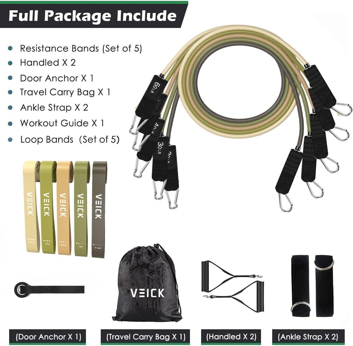 VElCK Resistance Bands Set with Handles for Exercise, Workout and Home Gym | 100% Natural Latex, 10-150LBS, Versatile for Yoga, Pilates, Strength, Home Gym