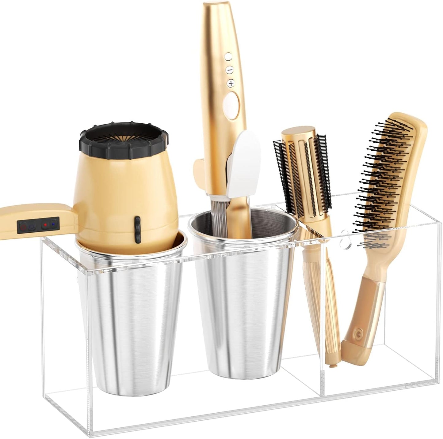NIUBEE Hair Tool Organizer Wall Mount, Hair Dryer Holder for Bathroom,White | Acrylic Hair Organizer Storage Countertop, Blow Dryer Holder, Hot Tools Organizer for Curling Iron, Brush, 2 Stainless Cups