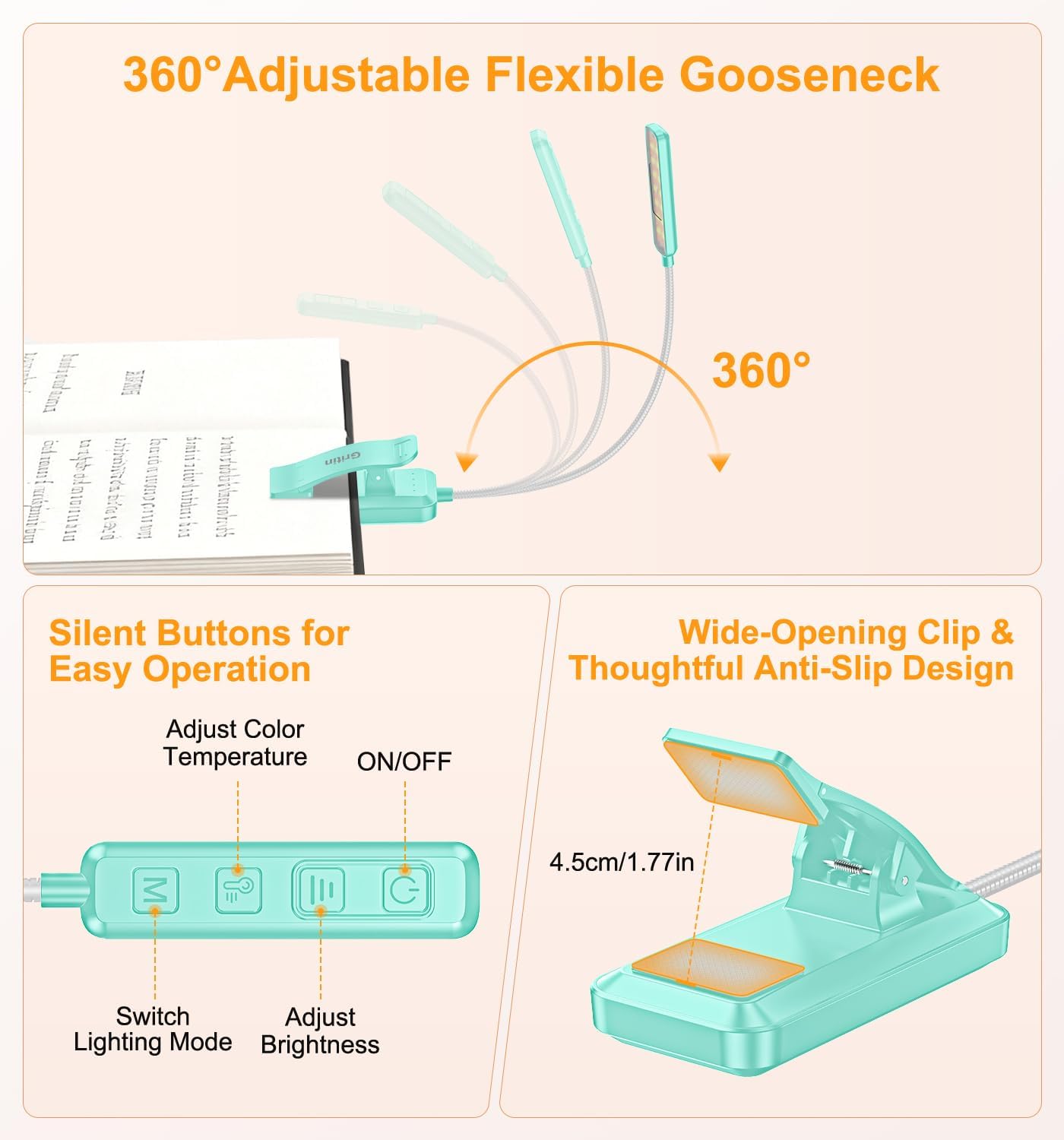 Gritin 2026 Gen 2 Book Light for Reading- 30 Eye Caring Full Spectrum LED | 5 Colors & 5 Brightness, Adjustable Wide/Narrow Beam, Upgrade 1500mAh Long-Lasting Rechargeable Clip on Light for Book Lovers
