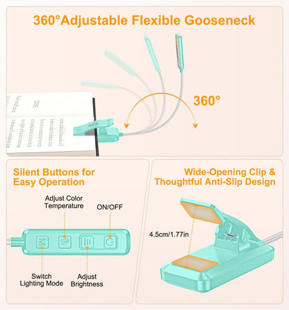 Gritin 2026 Gen 2 Book Light for Reading- 30 Eye Caring Full Spectrum LED | 5 Colors & 5 Brightness, Adjustable Wide/Narrow Beam, Upgrade 1500mAh Long-Lasting Rechargeable Clip on Light for Book Lovers