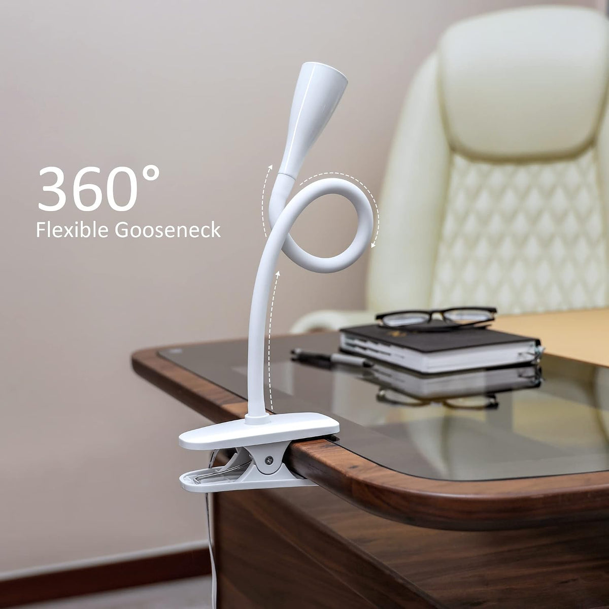 LED Reading Light, Eye-Caring Book Light for Reading in Bed, 360° Flexible Clip on headboard lamp, 5W 3000k Desk Lamp with Clamp for Bedroom, Office, Painting, Workbench and Sewing, White