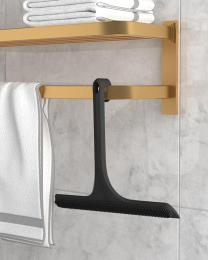 2-in-1 Silicone Shower Squeegee with Hook,Dual-Sided Design with Scraper & Scrub Surface,Rust-Proof Stainless Core,Streak-Free Bathroom Squeegee for Glass Doors,Mirrors,Windows,Car Windshields (Black)