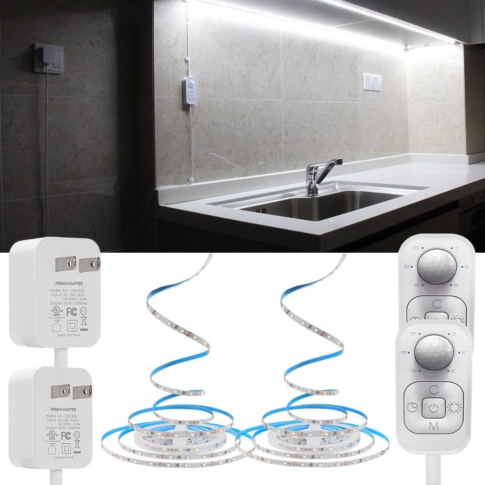Motion Sensor Led Light Strip - with UL FCC Plug Adapter, Multi-Functional Controller, Dimmer, Timer, Under Cabinet Lights for Indoor Kitchen Stair Showcase Bedroom Corridor Counter 16.4ft Warm White.