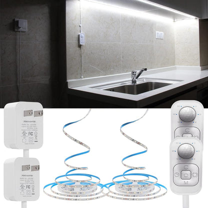 Motion Sensor Led Light Strip - with UL FCC Plug Adapter, Multi-Functional Controller, Dimmer, Timer, Under Cabinet Lights for Indoor Kitchen Stair Showcase Bedroom Corridor Counter 16.4ft Warm White.