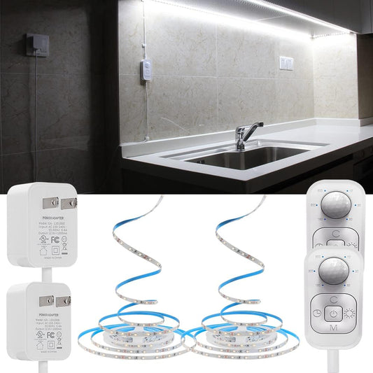 Motion Sensor Led Light Strip - with UL FCC Plug Adapter, Multi-Functional Controller, Dimmer, Timer, Under Cabinet Lights for Indoor Kitchen Stair Showcase Bedroom Corridor Counter 16.4ft Warm White.
