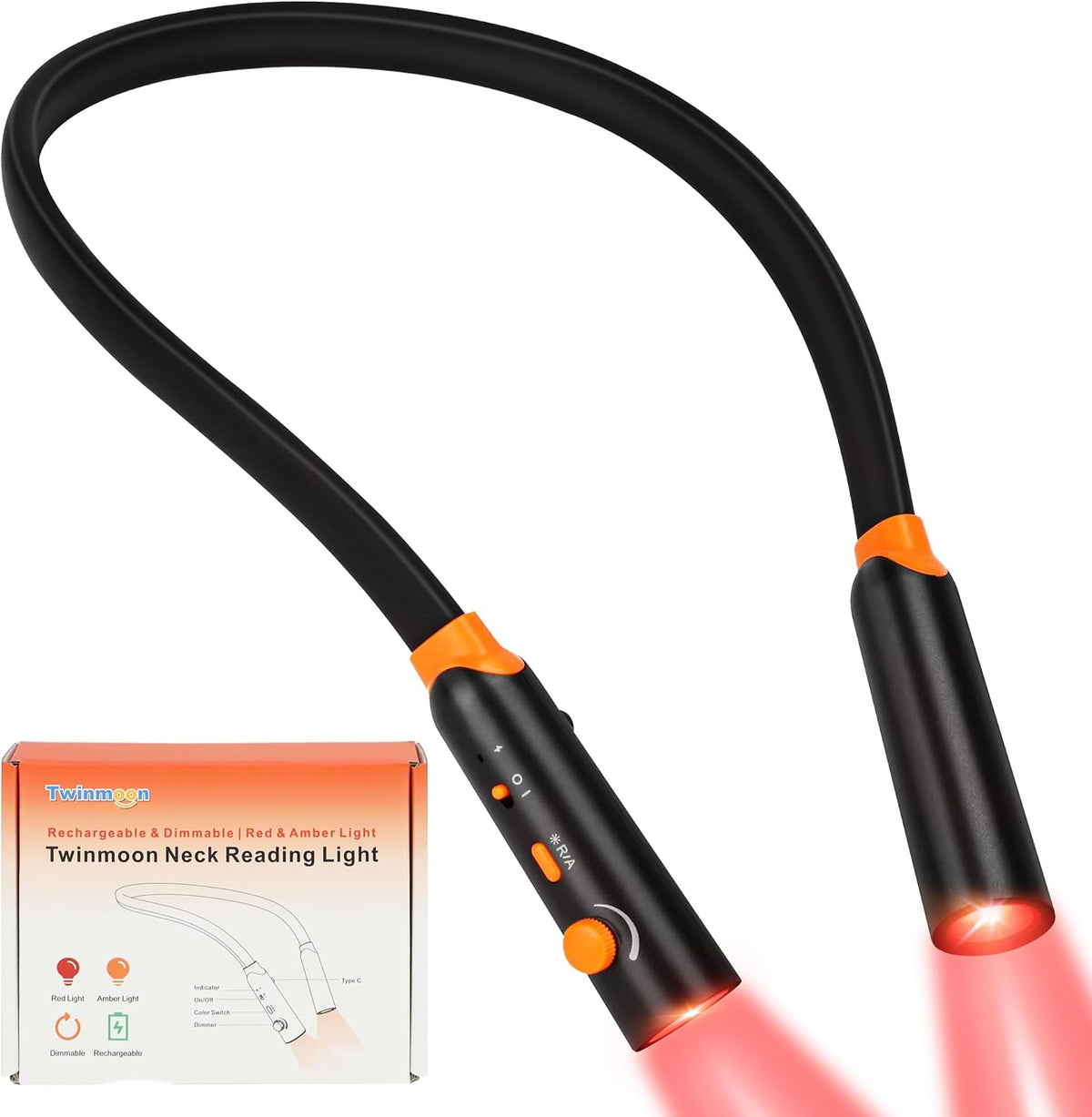 Red Amber Neck Reading Light, Rechargeable Night Book Light