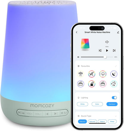 Baby Sound Machine, Momcozy White Noise Machine for Baby Sleeping with Night Light, Toddler Sleep Trainer 34 Soothing Sleep Sounds, Timer, App Remote Control, Personal Sleep Routine Alarm Clock(Blue)