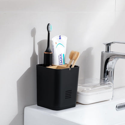 Electric Toothbrush Holder Tooth Brush and Toothpaste Organizer, Black | 3 Slots, Drainage Holes, Removable Bamboo Divider, Ventilation Design, Space-Saving, for Bathroom Countertop, Shower, Vanity