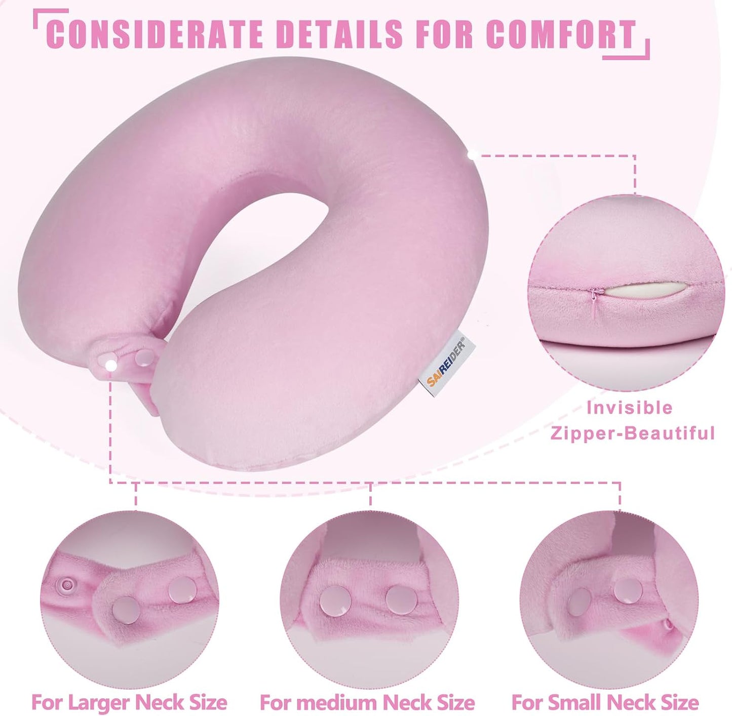 SAIREIDER Travel Pillow 100% Pure Memory Foam Travel Neck Pillow, Airplane Pillow for Traveling、Car、Home、Office，Washable Cover（Black）