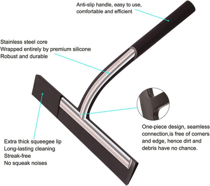 Silicone Shower Squeegee, Black, 9 inch | All-Purpose, For Shower Glass Door Window Mirror Tile Car Walls, 2 Hooks Included, Bathroom Accessories