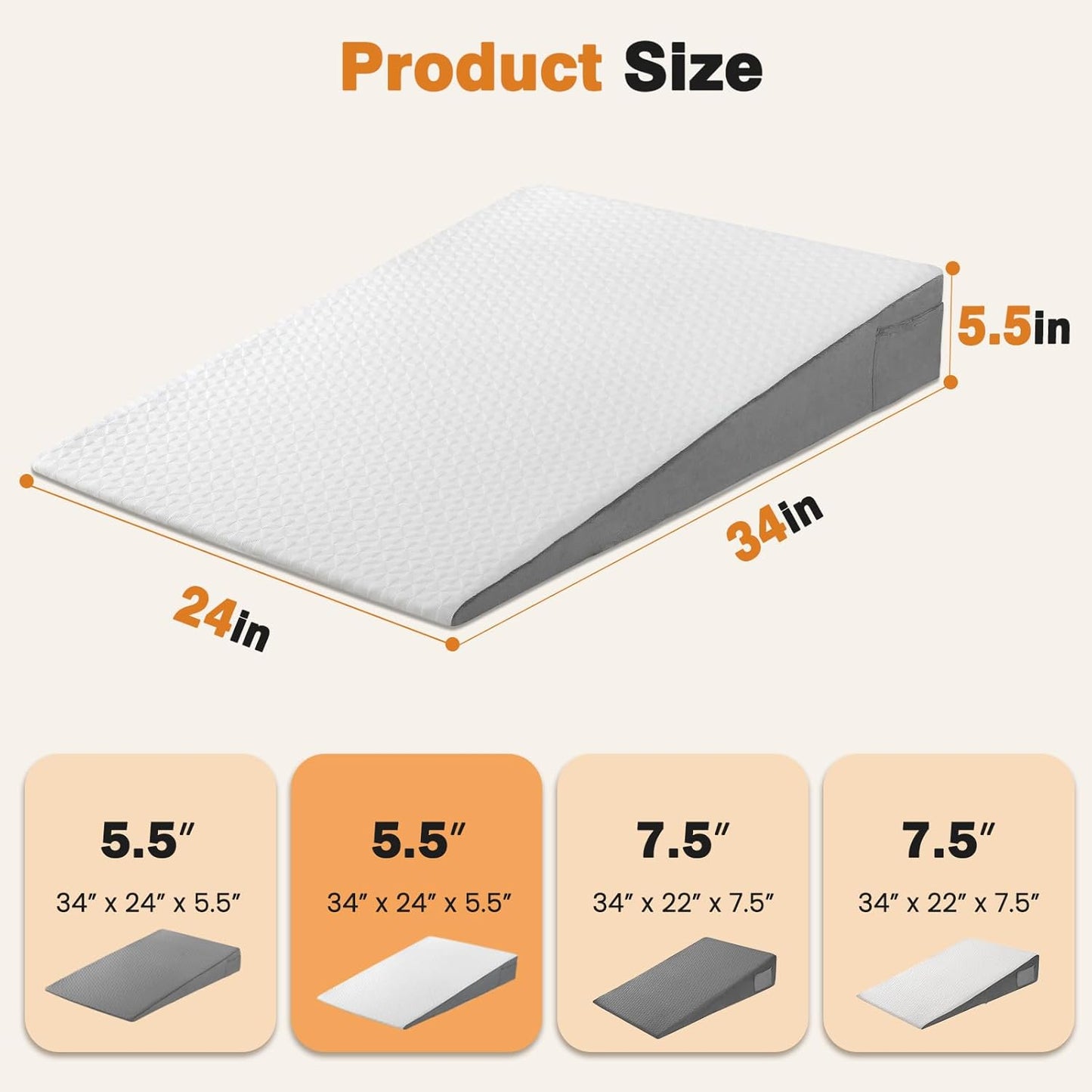 Vekkia 34" Extra-Long Wedge Pillow,7.5" Bed Wedge Pillow for Sleeping,White | Pillow Wedge Back Support for After Surgery, Idea for Acid Reflux,Snoring Relief,Removable Washable Cover&Double Side Pockets