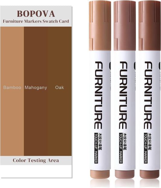 BOPOVA Furniture Markers Touch Up, Scratch Repair Kit, 3 Color Wood Markers for Scratches, Stains, Floors, Tables, Desks, Cabinets, Bedposts (Brown, Reddish Brown, Chestnut)