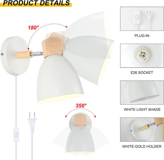 Wall Sconces Plug in, Swing Arm Wall Lamp with Power Cord, White Plug in Wall Lighting Fixtures Set of Two, Bedside Wall Mounted Reading Lamp with Switch, for Bedside Bedroom Hallway