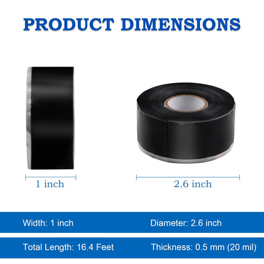 Self Fusing Silicone Tape 1''x16.4 FT Waterproof Self-Amalgamating Repair Tape for Plumbing, Hose, Pipeline & Electrical Cable Winding Emergency Leak Seal for Hot Cold Pipes (0.5mm Thickness)