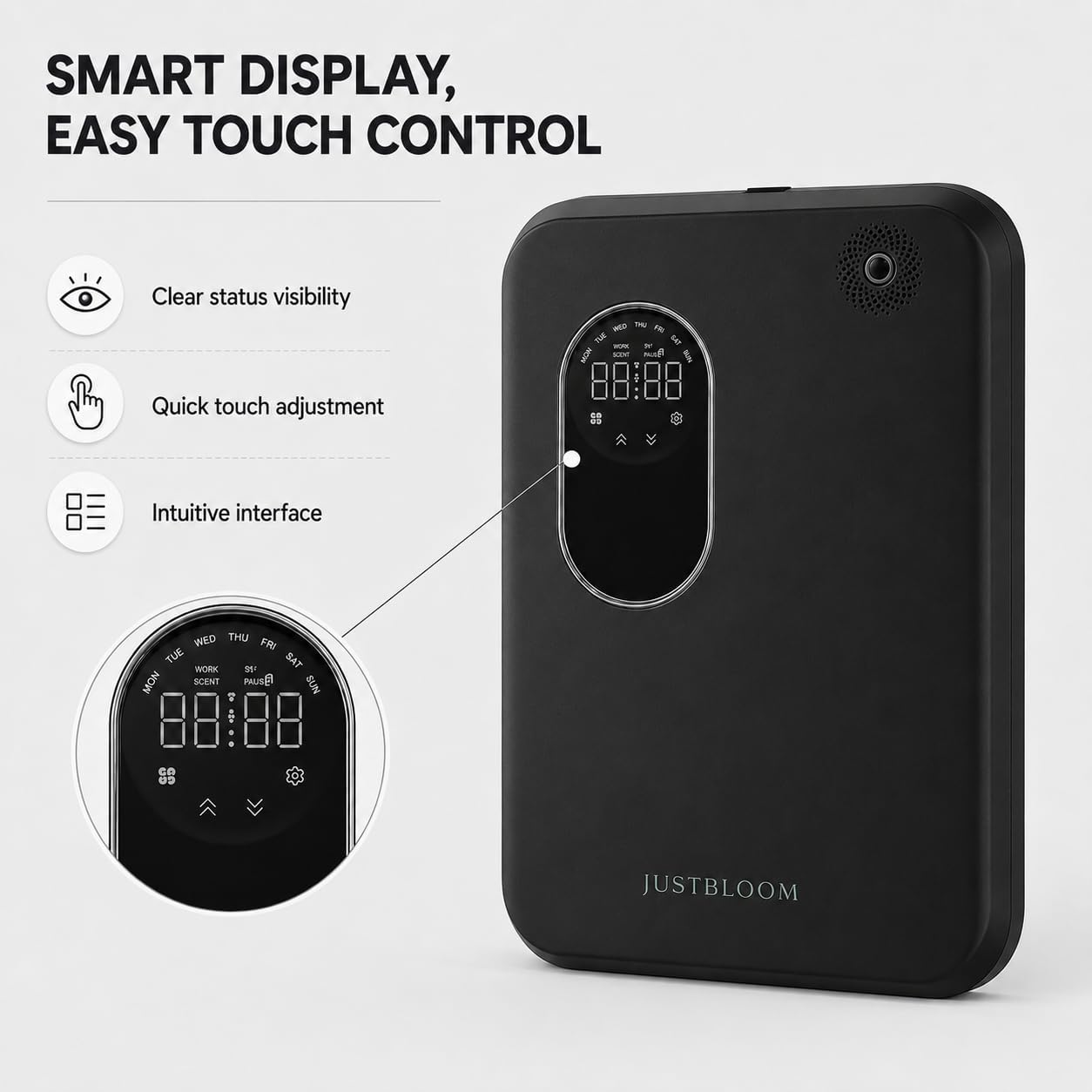 JUSTBLOOM Hotel Essential Oil Diffuser, Waterless Fragrance Diffuser | Up to 4000 Sq Ft: Smart App Control, Cold Air Diffusion, ,360° Ambient Light, Auto Shut-Off, Premium Aluminum Design