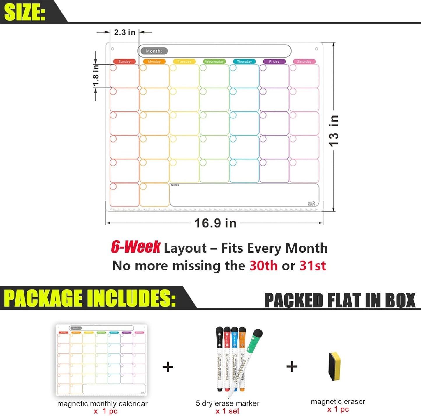 Magnetic Calendar for Fridge, Dry Erase Weekly Planner, 13" x 16.9" | Strong Magnetic Hold, Vertical Weekly Layout, Large Daily Spaces, Easy to Clean, Color-Coded, Dual-Magnet Markers & Eraser