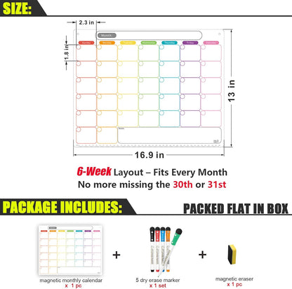 Magnetic Calendar for Fridge, Dry Erase Weekly Planner, 13" x 16.9" | Strong Magnetic Hold, Vertical Weekly Layout, Large Daily Spaces, Easy to Clean, Color-Coded, Dual-Magnet Markers & Eraser