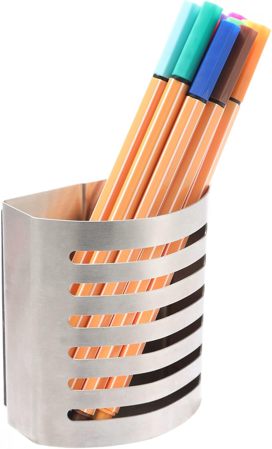 Magnetic Modern Pen and Pencil Holder, 3.25" x 1.75" x 3.50" | Metal Writing Utensil Storage Organizer for Kitchen, Locker, Home, or Office, Brushed Stainless Steel
