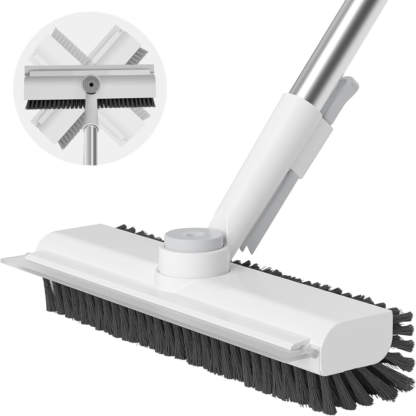 AIR U+ Floor Scrub Brush with Long Handle, 3-in-1 Rotating Head & Squeegee | Stiff Dual-Sided Bristle Scrubber for Shower, Bathroom, Kitchen and Patio, 30–50 In Handle for Easier Stand-up Cleaning