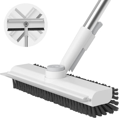 AIR U+ Floor Scrub Brush with Long Handle, 3-in-1 Rotating Head & Squeegee | Stiff Dual-Sided Bristle Scrubber for Shower, Bathroom, Kitchen and Patio, 30–50 In Handle for Easier Stand-up Cleaning