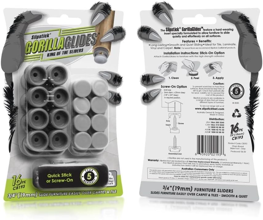 GorillaGlides 1 Inch Chair Sliders/Furniture Floor Protectors (16 Furniture Glides) Self-Adhesive Screw On Chair Glides for Sliding on Low-Pile Carpet & Hard Surface Floors, Round