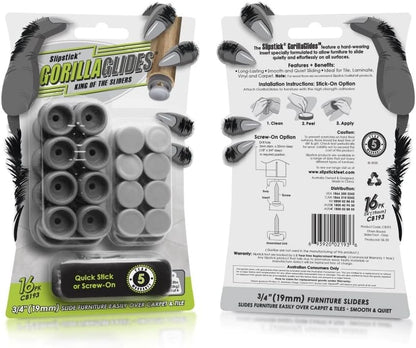 GorillaGlides 1 Inch Chair Sliders/Furniture Floor Protectors (16 Furniture Glides) Self-Adhesive Screw On Chair Glides for Sliding on Low-Pile Carpet & Hard Surface Floors, Round