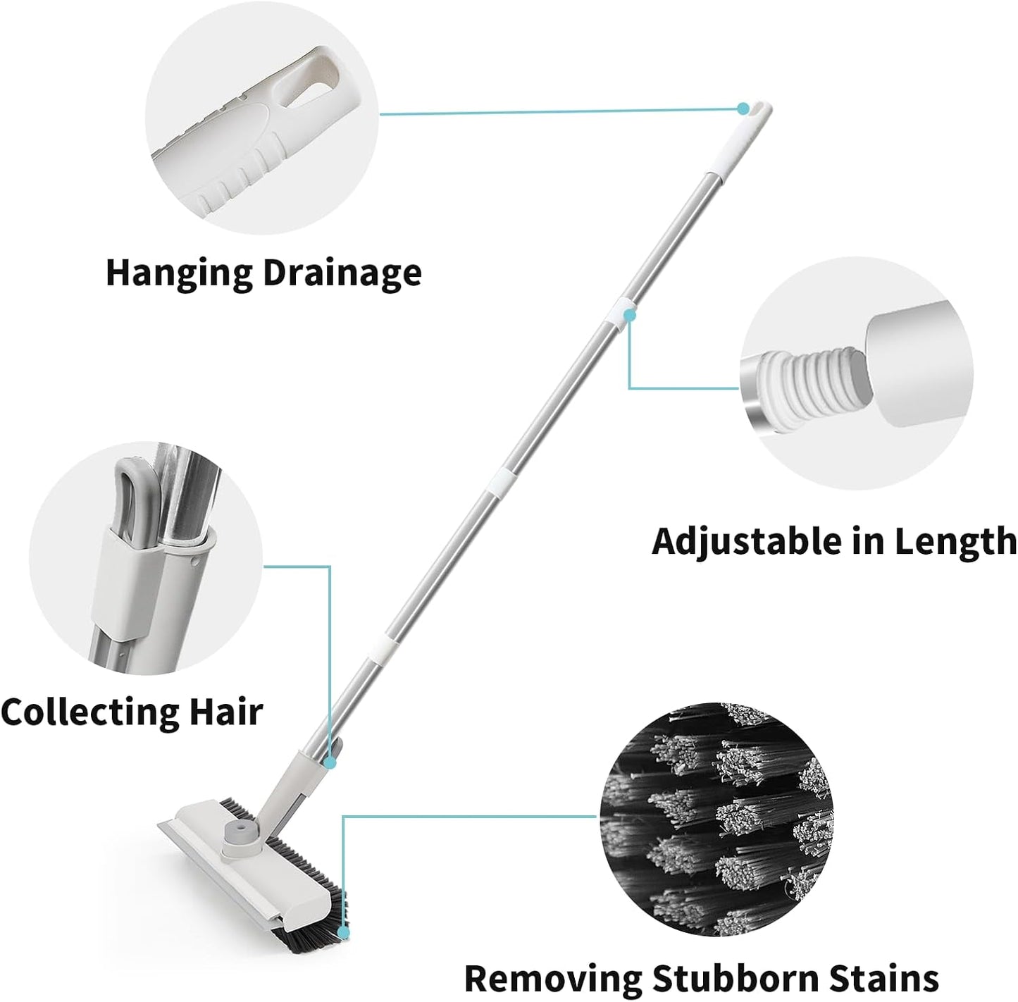 AIR U+ Floor Scrub Brush with Long Handle, 3-in-1 Rotating Head & Squeegee | Stiff Dual-Sided Bristle Scrubber for Shower, Bathroom, Kitchen and Patio, 30–50 In Handle for Easier Stand-up Cleaning