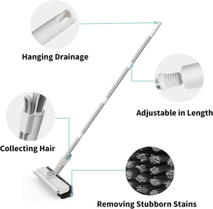AIR U+ Floor Scrub Brush with Long Handle, 3-in-1 Rotating Head & Squeegee | Stiff Dual-Sided Bristle Scrubber for Shower, Bathroom, Kitchen and Patio, 30–50 In Handle for Easier Stand-up Cleaning