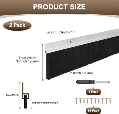 M METERXITY 2-Pack Door Brush Bottom Sweep, 39" L x 2.6" W H-Shape Aluminum Alloy Base with 1.6" Nylon Brush for Industrial/Home/Garage Door Seal, Strong Adhesive Weather Stripping Kit[Silver]