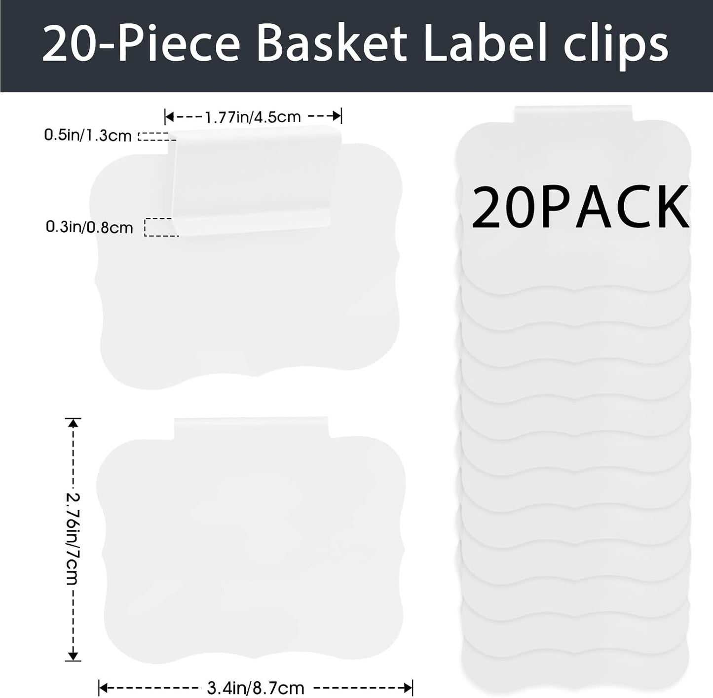 12pcs White Basket Labels Removable PVC Labels | Clip On for Storage Bins, Removable PVC Labels for Baskets with Holders, 3.5x2.7 Inches