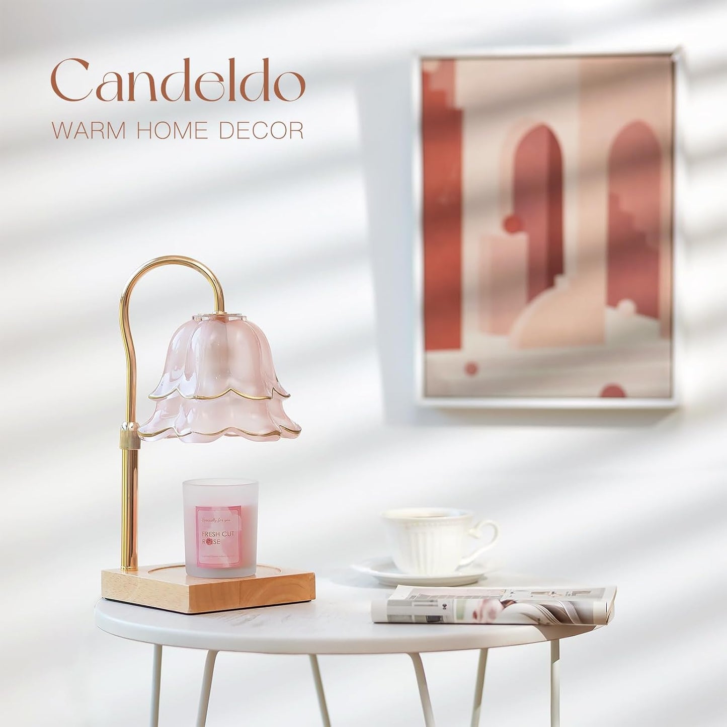 Candeldo Candle Warmer Lamp with Timer, Gold Flower Glass Shade | Height Adjustable, Dimmable, Fits 3-Wick Candles and Wax Melts, Ideal for Bedroom Decor, Birthday Gifts for Women