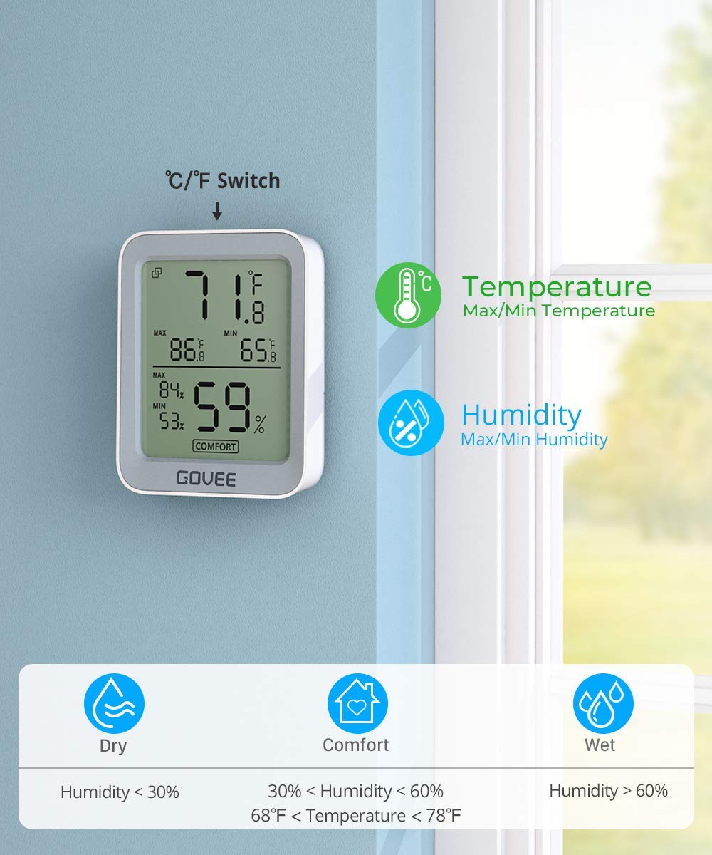 Govee Indoor Hygrometer Thermometer H5075 with Bluetooth App Control | Room Temperature Humidity Meter, 164ft Remote Monitor, Smart Alerts, 2 Years Data Storage Export, for Bedroom Wine Cellar