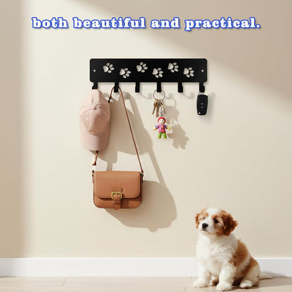 Key Holder Wall Mount & Dog Leash Holder for Wall, Metal Key Rack with 6 Hooks Decorative Animal Storage Rack Adhesive for Entrance Living Room Kitchen Dog Paws Design WallOrganizer