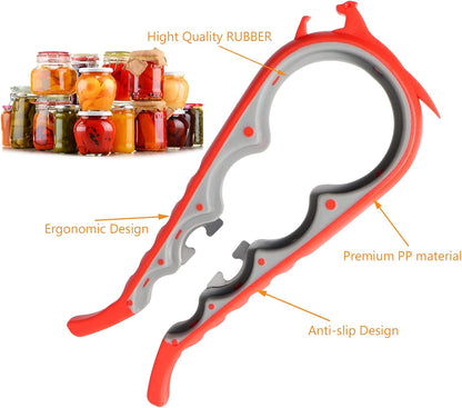 Jar Opener Bottle Opener for Weak Hands, 5 in 1 Multi Function Can Opener Bottle Opener Kit with Silicone Handle Easy to Use for Children, Elderly and Arthritis Sufferers (New red)